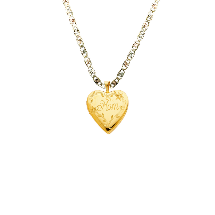 14k Gold Mom Necklace - Mom Heart Picture Locket Gold Pendant - Solid Chain - LE2027