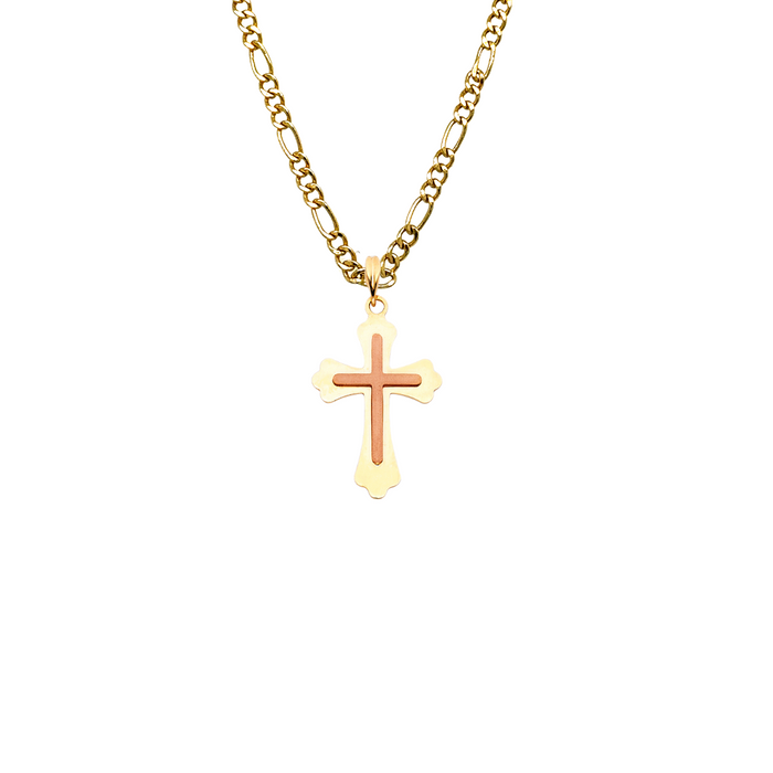 14k Gold Cross Necklace - Two Tone Rose Gold Cross - Solid Chain - LE0913