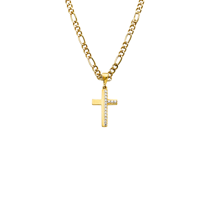 14k Gold Cross Necklace - High Polish Gemstone Gold Cross - Solid Chain - LE2610