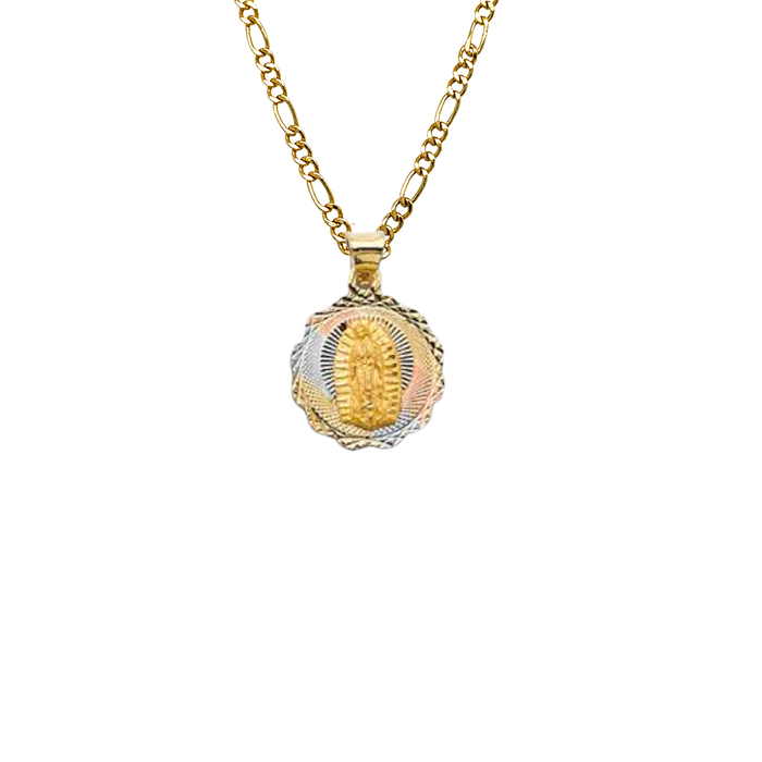 14k Gold Virgin Mary Necklace - Tri Tone Diamond Cut Virgin Mary Gold Pendant - Solid Chain - LE2878