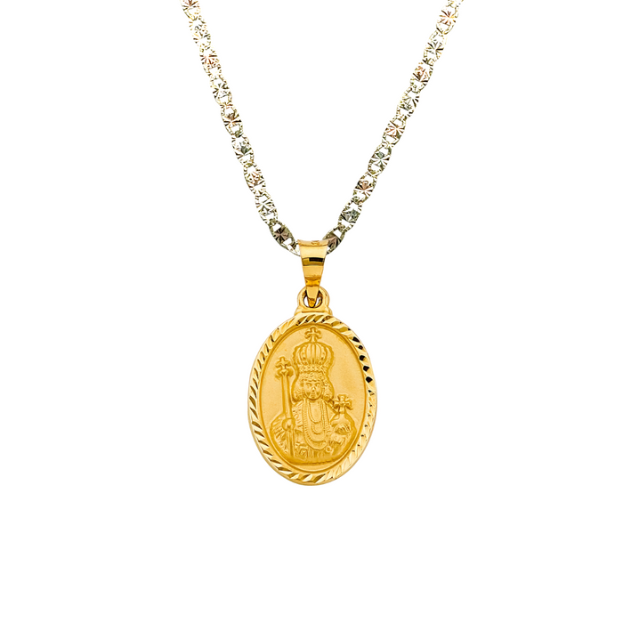 14k Gold Santo Nino de Atocha Necklace - Oval Diamond Cut Gold Pendant - Solid Chain - LE2771