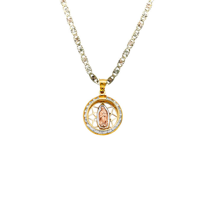 14k Gold Virgin Mary Necklace - Tri Tone Round Gemstone Virgin Mary Gold Pendant - Solid Chain - LE2725