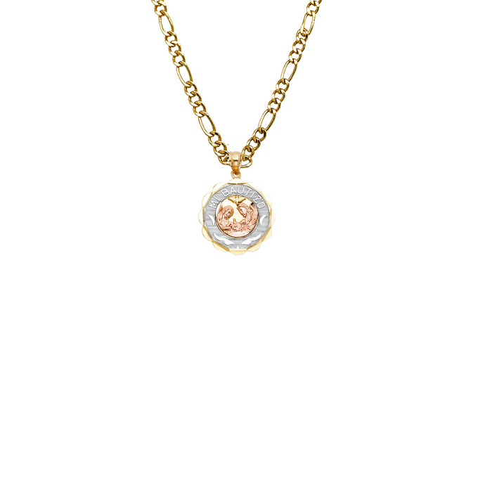 14k Gold Baptism Necklace - Two Tone Mi Bautizo Baptism Gold Pendant - Solid Chain - LE0248