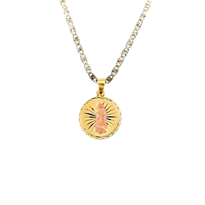 14k Gold Virgin Mary Necklace - Round Diamond Cut Virgin Mary Gold Pendant - Solid Chain - LE2897