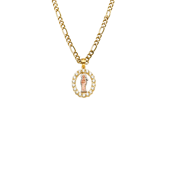 14k Gold Santa Muerte Necklace - Tri Tone Gemstone Santa Muerte Gold Pendant - Solid Chain - LE2252