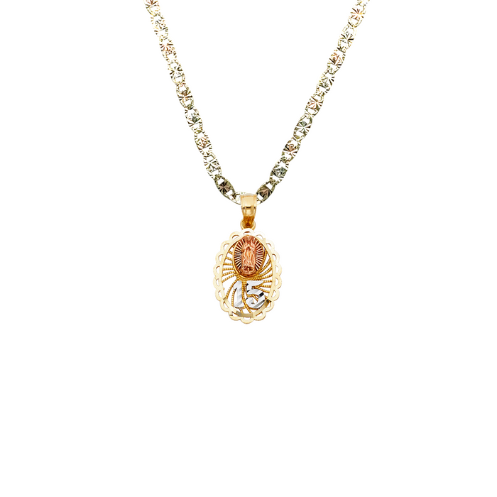 14k Quince Gold Necklace - Tri Tone Virgin Mary 15 Gold Pendant - Solid Chain - LE0373