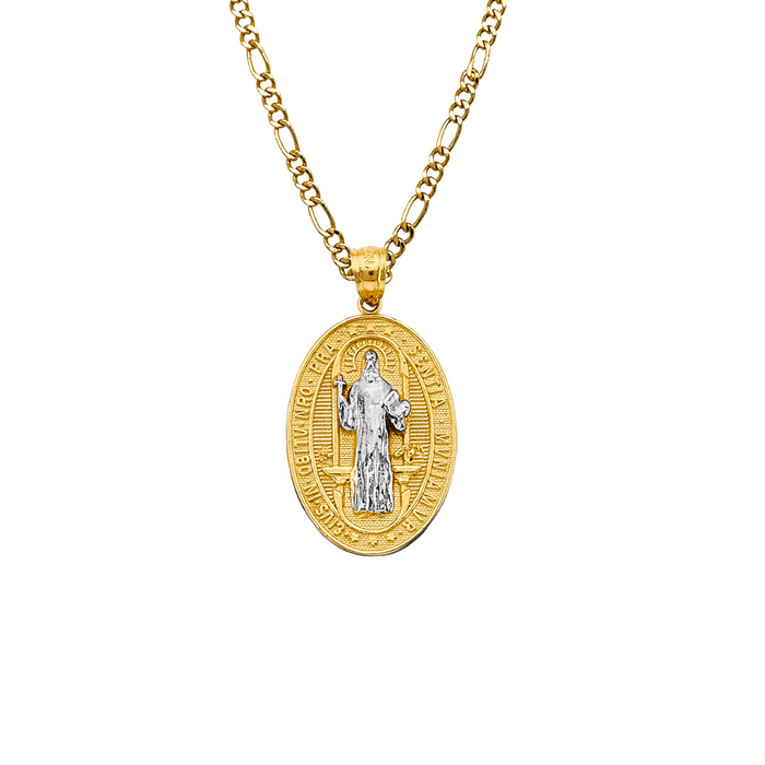 14k Gold Medalla San Benito - Two Tone Oval San Benito Gold Pendant - Solid Chain - LE2876