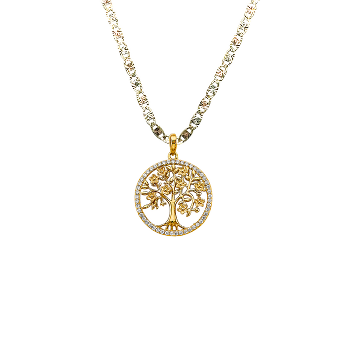 14k Gold Mom Necklace - Two Tone Round Gemstone Gold Pendant - Solid Chain - LE2704