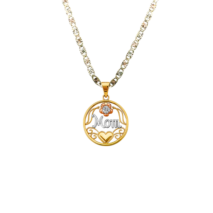 14k Gold Mom Necklace - Tri Tone Gemstone Flower Mom Gold Pendant - Solid Chain - LE2693