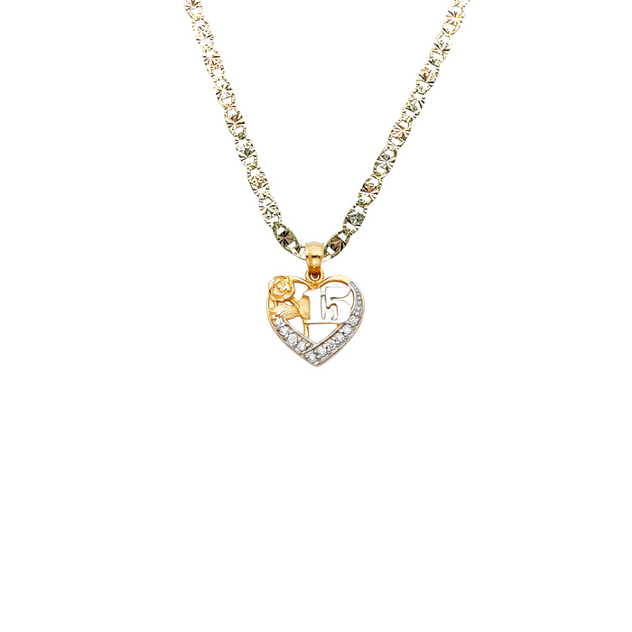 14k Quince Gold Necklace - Two Tone Gemstone Heart 15 Años Gold Pendant - Solid Chain - LE1878