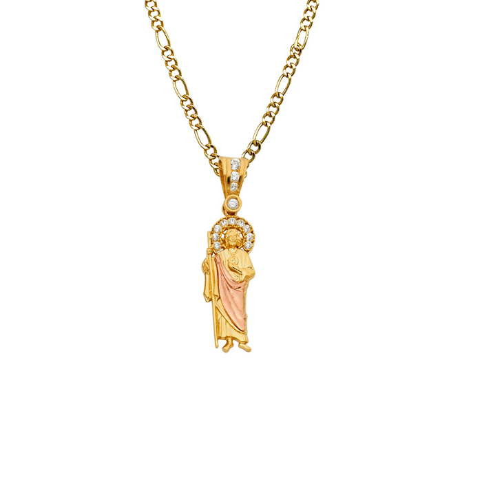 14k Gold San Judas Chain - Two Tone Gemstone Halo San Judas Pendant - Solid Chain - LE1140