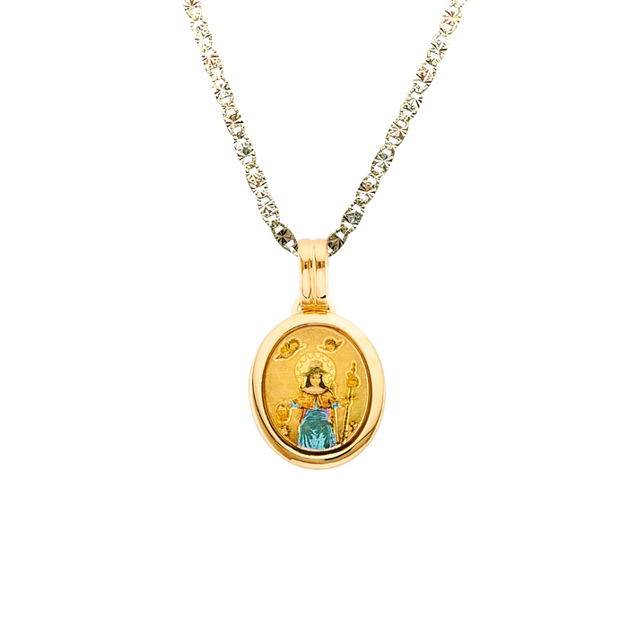 14k Gold Santo Nino de Atocha Necklace - Oval Colored Gold Pendant - Solid Chain - LE3139