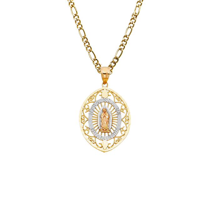 14k Gold Virgin Mary Necklace - Tri Tone Filigrano Oval Guadalupe Virgin Mary Gold Pendant - Solid Chain - LE1104