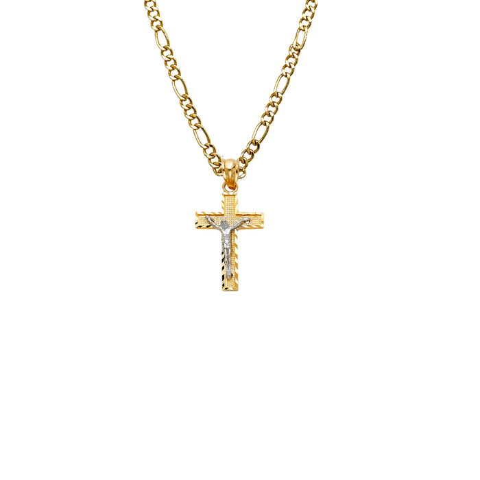 14k Gold Cross Necklace - Diamond Cut Edge Two Tone Gold Crucifix - Solid Chain - LE0080W
