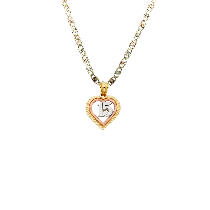14k Quince Gold Necklace - Tri Tone Diamond Cut Heart 15 Gold Pendant - Solid Chain - LE0369