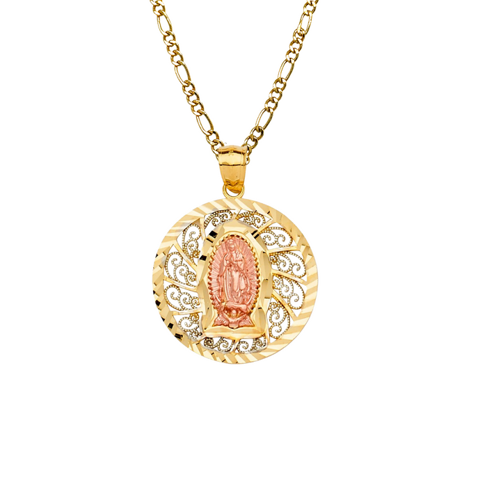 14k Gold Virgin Mary Necklace - Two Tone Diamond Cut Round Virgin Mary Gold Pendant - Solid Chain - LE2313