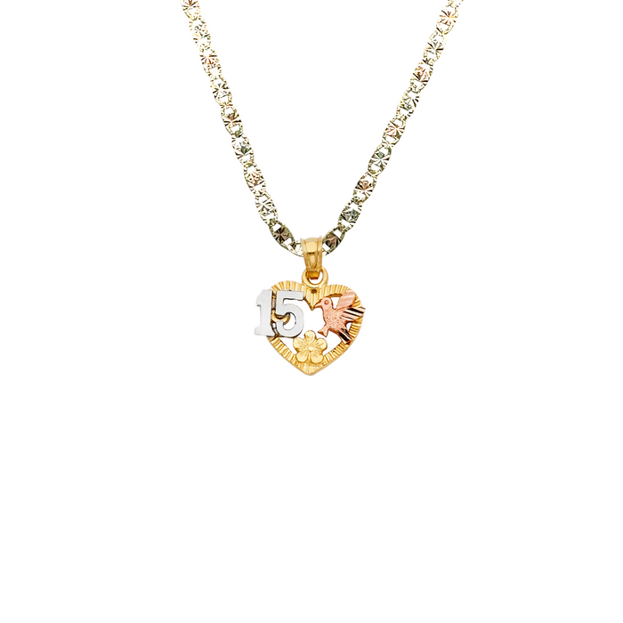 14k Quince Gold Necklace - Tri Tone Heart Flower Dove 15 Gold Pendant - Solid Chain - LE1911