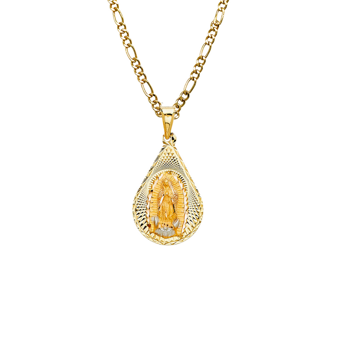 14k Gold Virgin Mary Necklace - Diamond Cut Teardrop Virgin Mary Gold Pendant - Solid Chain - LE0347