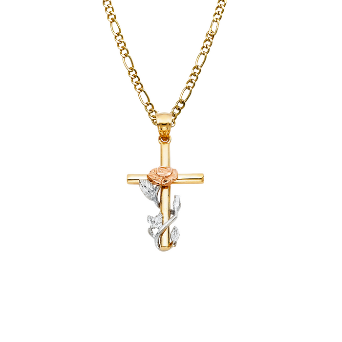 14k Gold Cross Necklace - Tri Tone Rose Flower Gold Cross - Solid Chain - LE1016