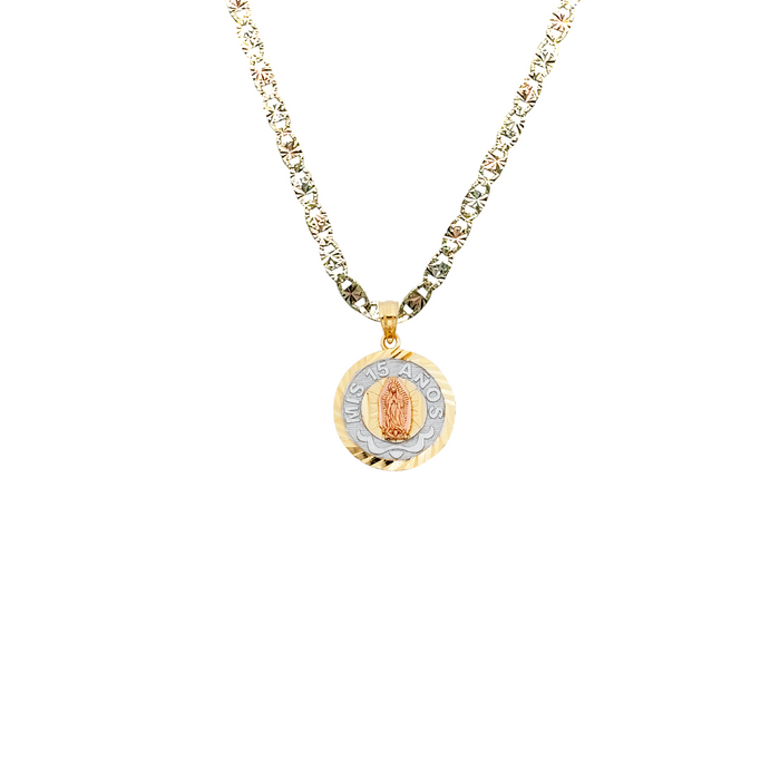 14k Quince Gold Necklace - Tri Tone Virgin Mary Mis 15 Años Gold Pendant - Solid Chain - LE1895
