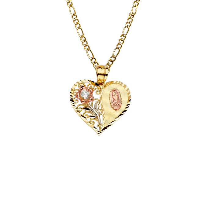14k Gold Virgin Mary Necklace - Tri Tone Heart Flower Gemstone Virgin Mary Gold Pendant - Solid Chain - LE2311