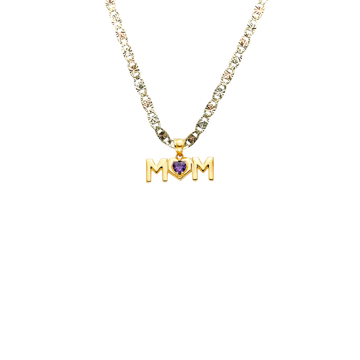 14k Gold Mom Necklace - Mom Gemstone Heart Gold Pendant - Solid Chain - LE2543