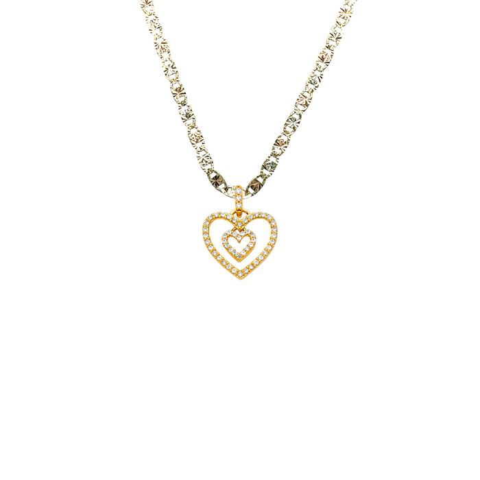 14k Gold Heart Necklace - Double Gemstone Gold Heart Pendant - Solid Chain - LE1773
