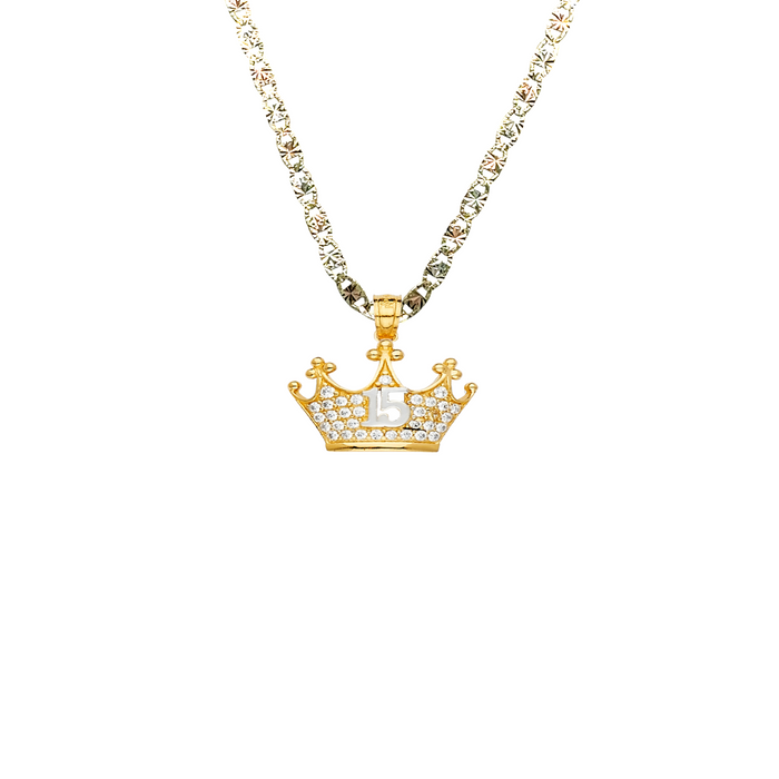 14k Quince Gold Necklace - Gemstone Crown 15 Gold Pendant - Solid Chain - LE2146