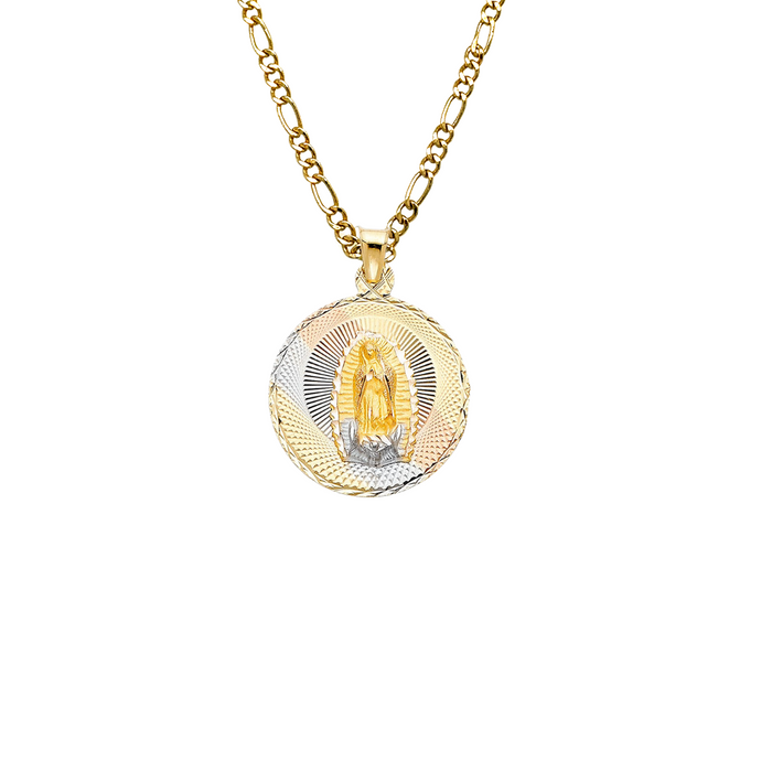 14k Gold Virgin Mary Necklace - Tri Tone Diamond Cut Double Sided Virgin Mary Sacred Heart Gold Pendant - Solid Chain - LE0311