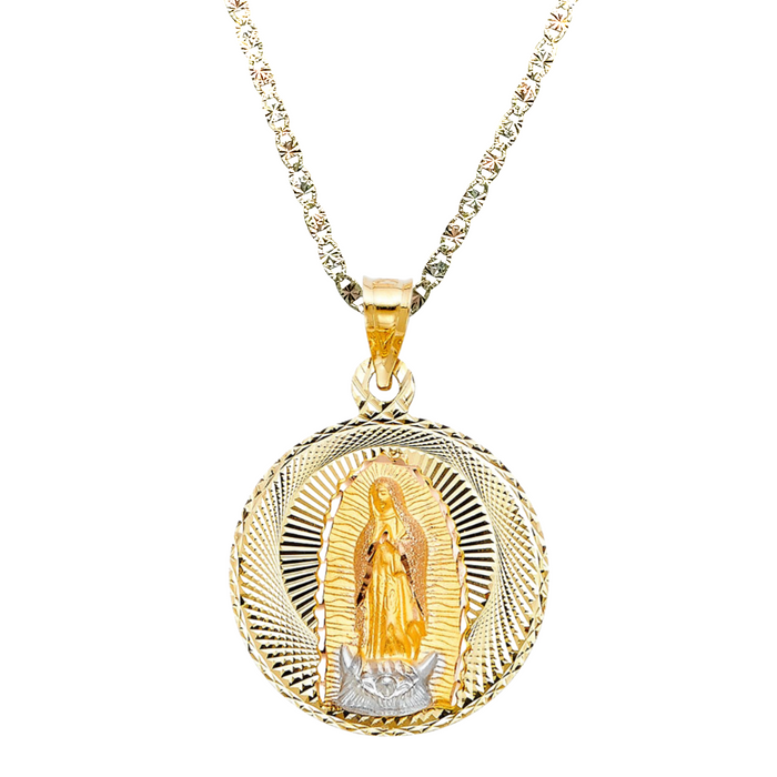 14k Gold Virgin Mary Necklace - Large Diamond Cut Virgin Mary Gold Pendant - Solid Chain - LE0296