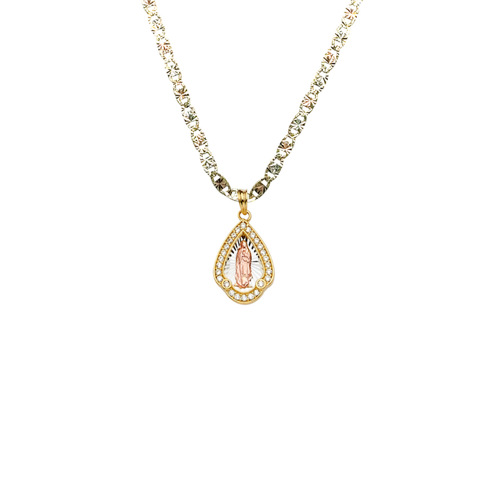 14k Gold Virgin Mary Necklace - Tri Tone Gemstone Virgin Mary Gold Pendant - Solid Chain - LE2294