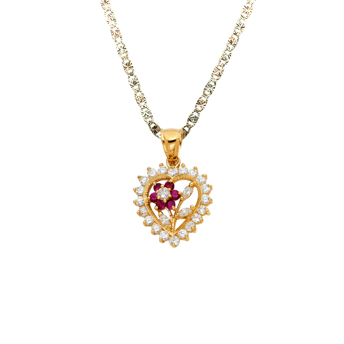 14k Gold Heart Necklace - Flower Gemstone Gold Heart Pendant - Solid Chain - LE1783