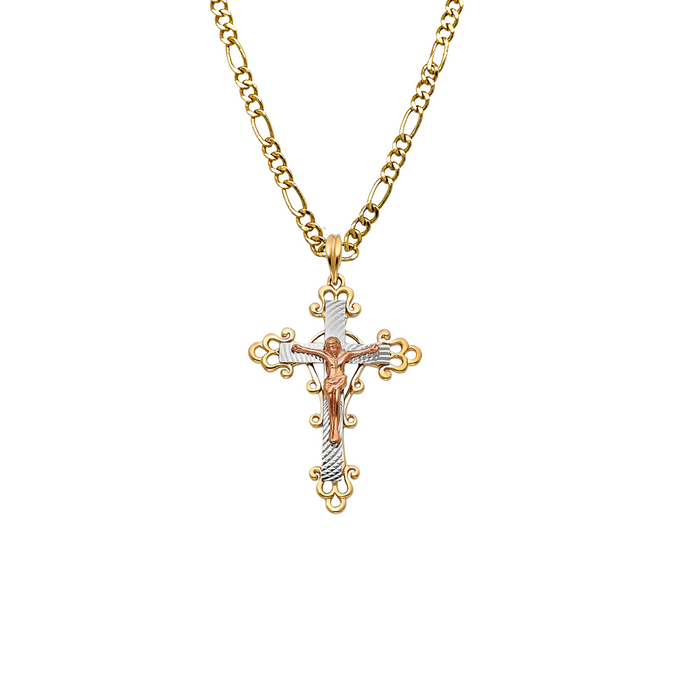 14k Gold Cross Necklace - Tri Tone Fancy Ornate Design Gold Crucifix - Solid Figaro Chain - LE0953