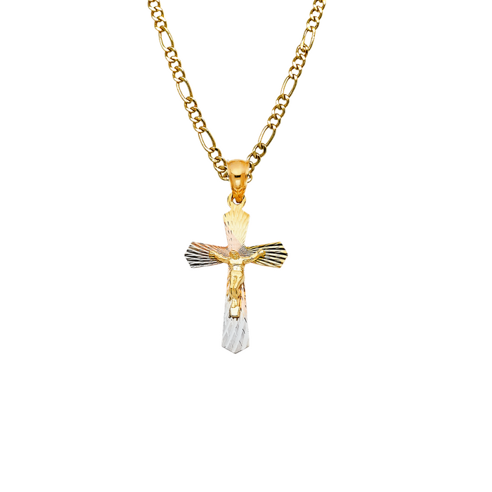 14k Gold Cross Necklace - Tri Tone Diamond Cut Gold Crucifix - Solid Chain - LE1418