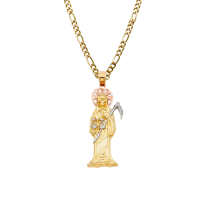 14k Gold Santa Muerte Necklace - Tri Tone Diamond Cut Santa Muerte Gold Pendant - Solid Chain - LE0096