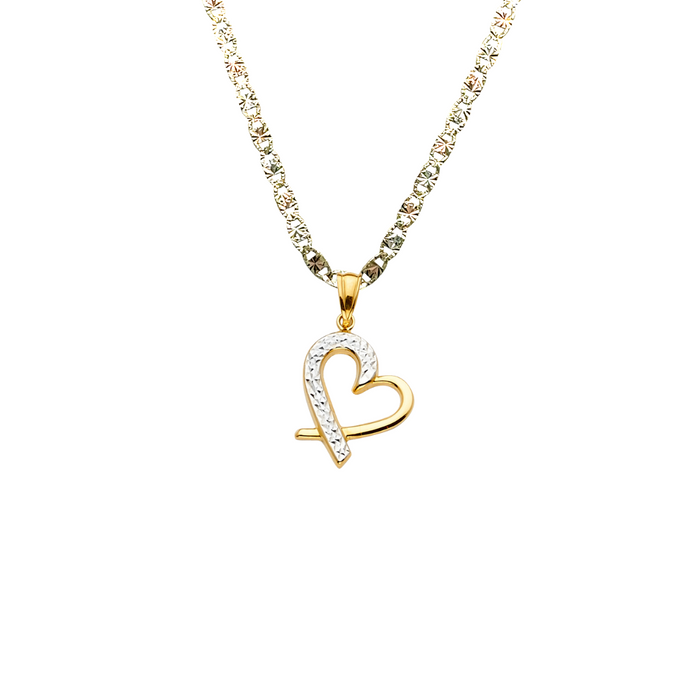 14k Gold Heart Necklace - Two Tone Diamond Cut Gold Heart Pendant - Solid Chain - LE2368