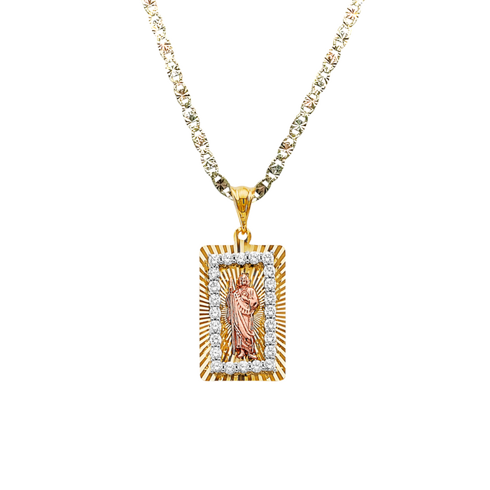 14k Gold San Judas Chain - Tri Tone Gemstone San Judas Pendant - Solid Chain - LE3207