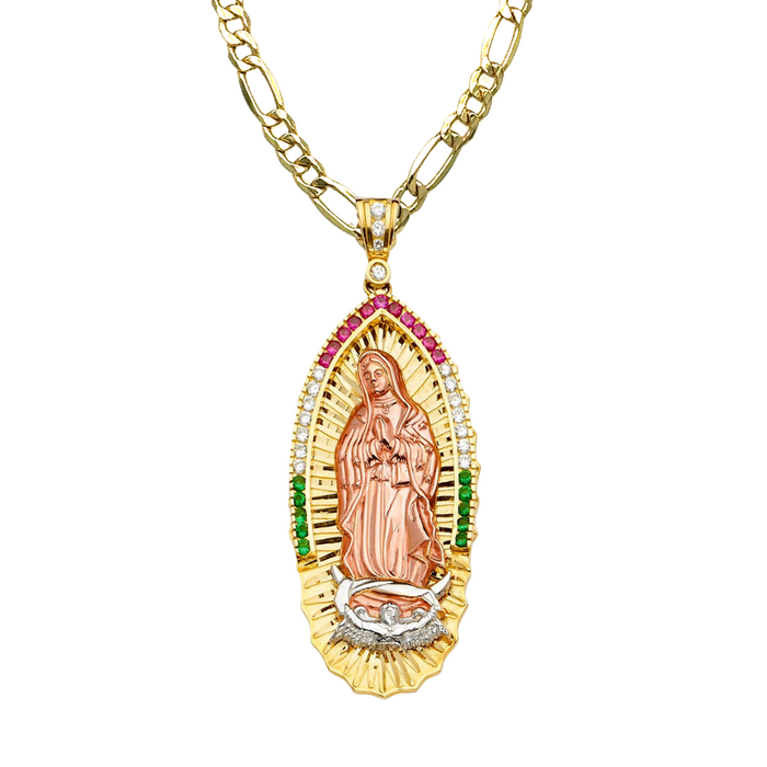 14k Gold Virgin Mary Necklace - XLarge Tri Tone Red White Green Gemstone Virgin Mary Gold Pendant - Solid Chain - LE1070