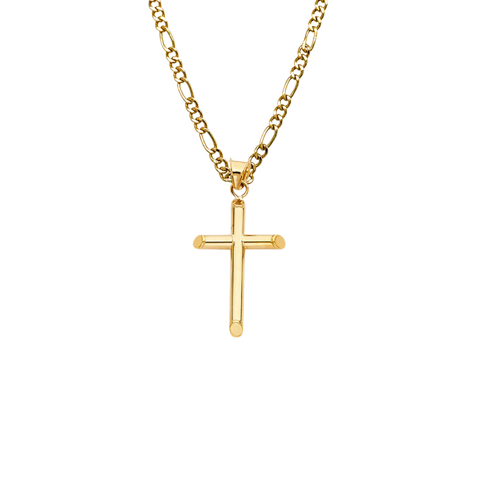 14k Gold Cross Necklace - Medium Sized Tube Gold Cross - Solid Chain - LE0016