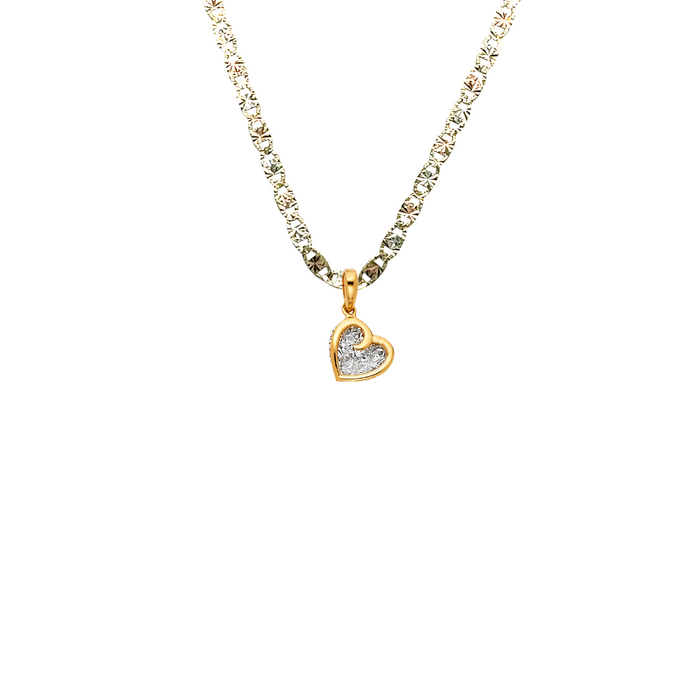14k Gold Heart Necklace -  Two Tone Diamond Cut Gold Heart Pendant - Solid Chain - LE1794