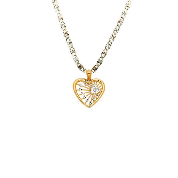14k Gold Heart Necklace - Two Tone Diamond Cut Gold Heart Pendant - Solid Chain - LE0427