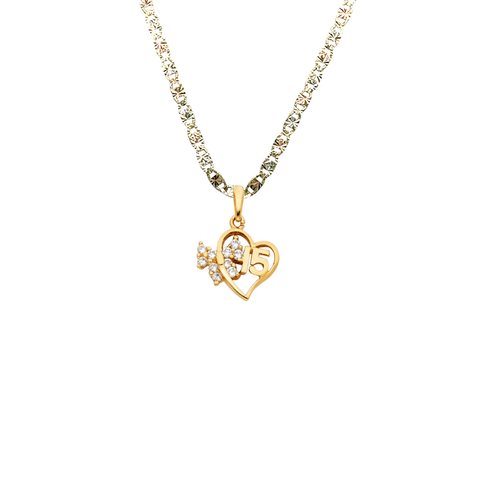 14k Quince Gold Necklace - Gemstone Bow Heart 15 Gold Pendant - Solid Chain - LE0364