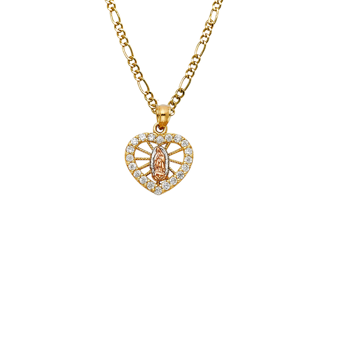 14k Gold Virgin Mary Necklace - Two Tone Heart Gemstone Virgin Mary Gold Pendant - Solid Chain - LE0388