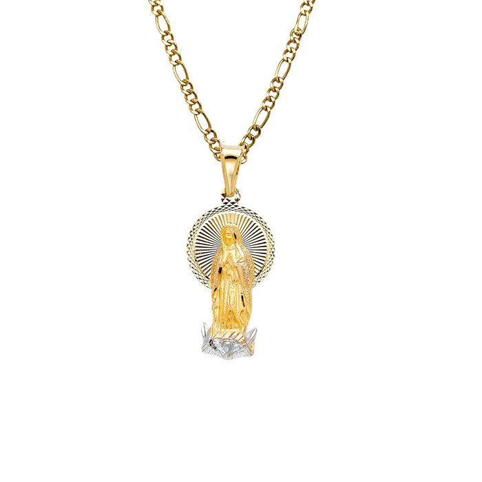 14k Gold Virgin Mary Necklace - Tri Tone Diamond Cut Virgin Mary Gold Pendant - Solid Chain - LE0317