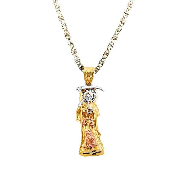 14k Gold Santa Muerte Necklace - 3D Full Body Gemstone Halo Santa Muerte Gold Pendant - Solid Chain - LE3010