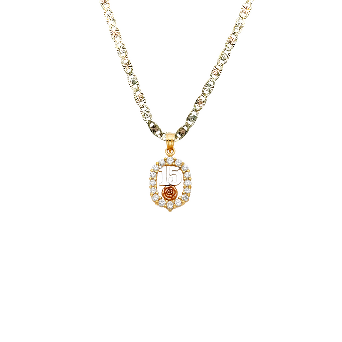 14k Quince Gold Necklace - Tri Tone Gemstone Rose Flower 15 Gold Pendant - Solid Chain - LE1879