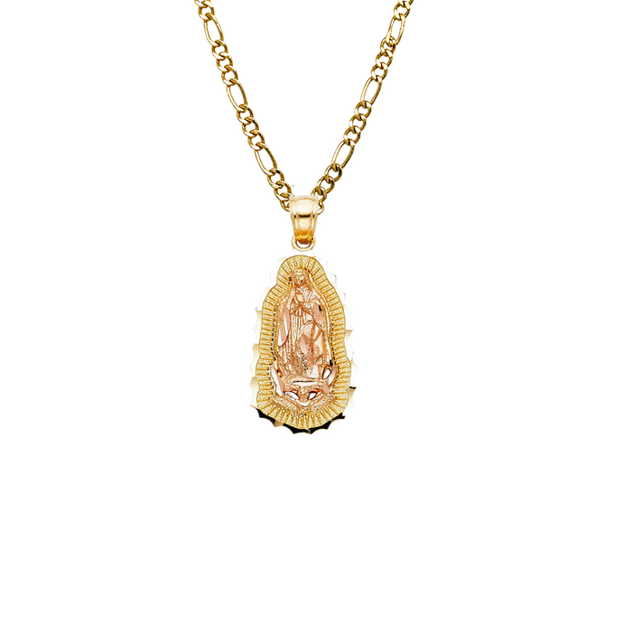 14k Gold Virgin Mary Necklace - Two Tone Radiant Virgin Mary Gold Pendant - Solid Chain - LE1084