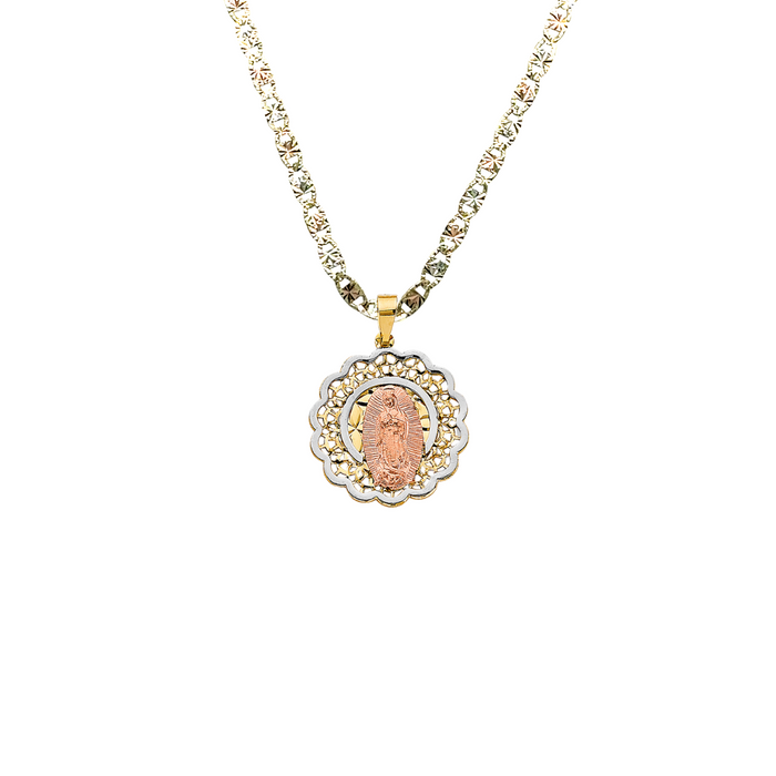 14k Gold Virgin Mary Necklace - Tri Tone Round Floral Virgin Mary Gold Pendant - Solid Chain - LE3068