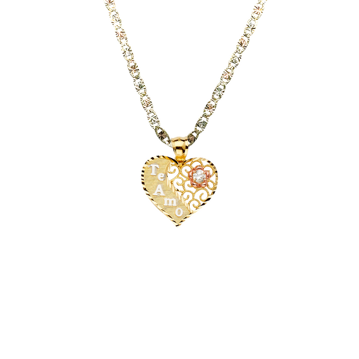 14k Gold Heart Necklace - Te Amo Flower Gemstone Gold Heart Pendant - Solid Chain - LE2379
