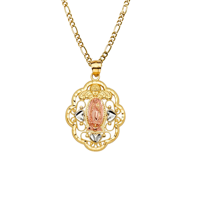 14k Gold Virgin Mary Necklace - Tri Tone Fancy Virgin Mary Gold Pendant - Solid Chain - LE2316
